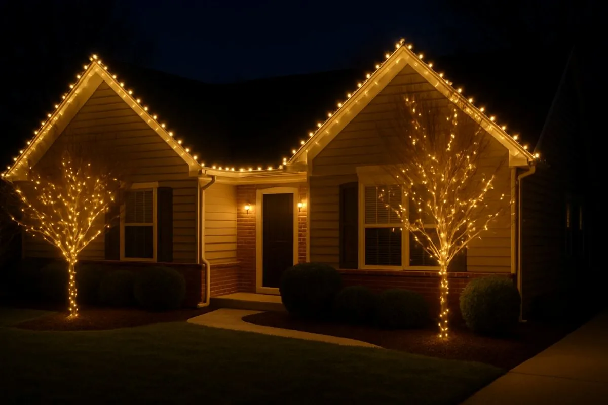 Warm white Christmas lights installed along roofline and trees at a South Jersey suburban home.