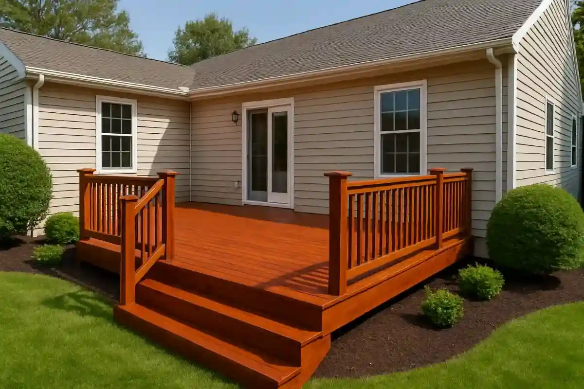 Freshly stained wooden deck with rich color and clean finish at a South Jersey home.