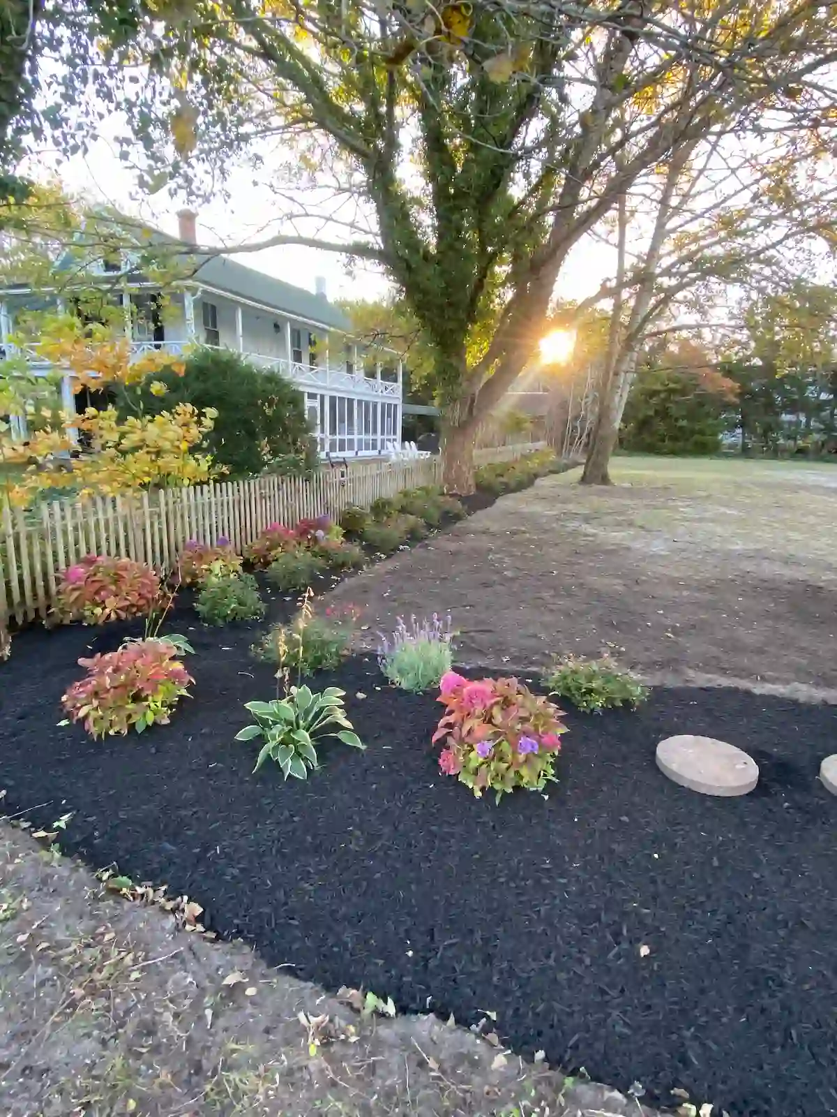 Newly installed flower bed with fresh mulch and colorful seasonal plants improving the front yard landscape.