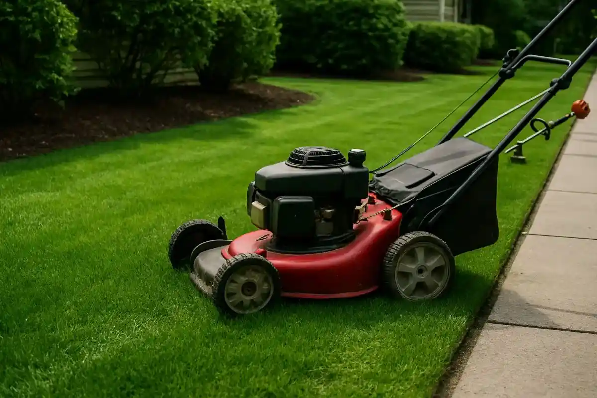 Freshly mowed South Jersey lawn with clean edging and healthy green grass in a suburban yard.