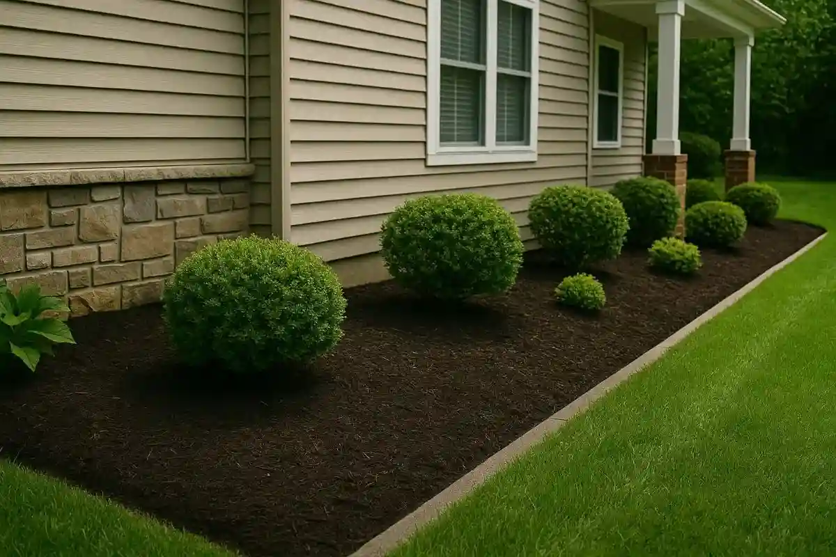 Fresh dark mulch installation with clean edging and neatly shaped shrubs at a South Jersey home.