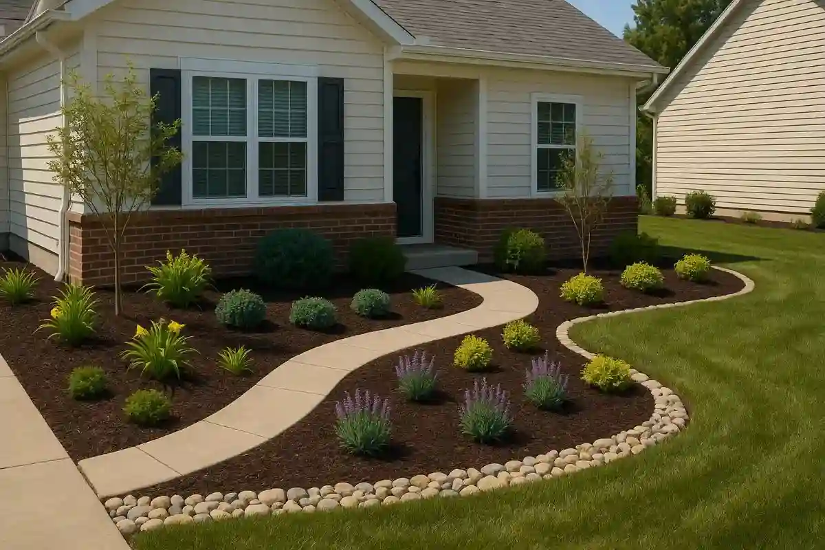 New landscaping design with fresh plants, mulch, and decorative stone outlining garden beds at a South Jersey home.