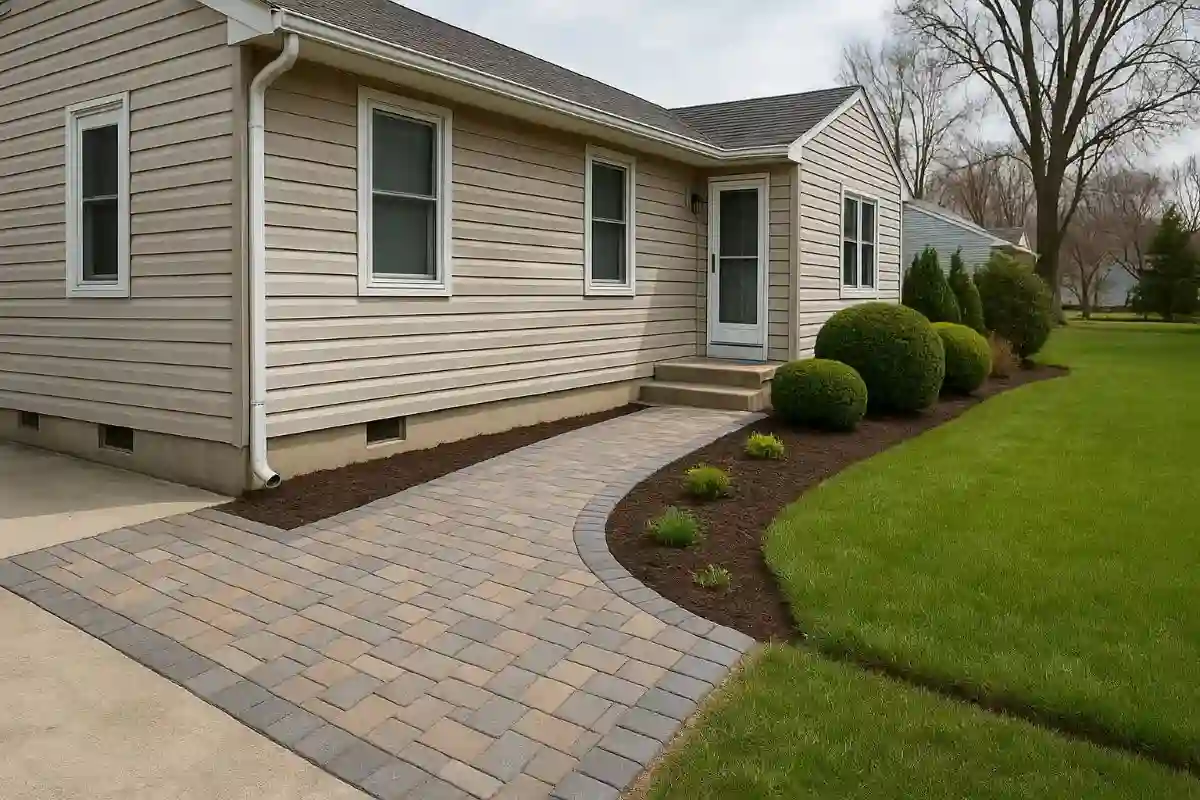 Newly installed stone paver walkway with clean lines and edging at a South Jersey home.