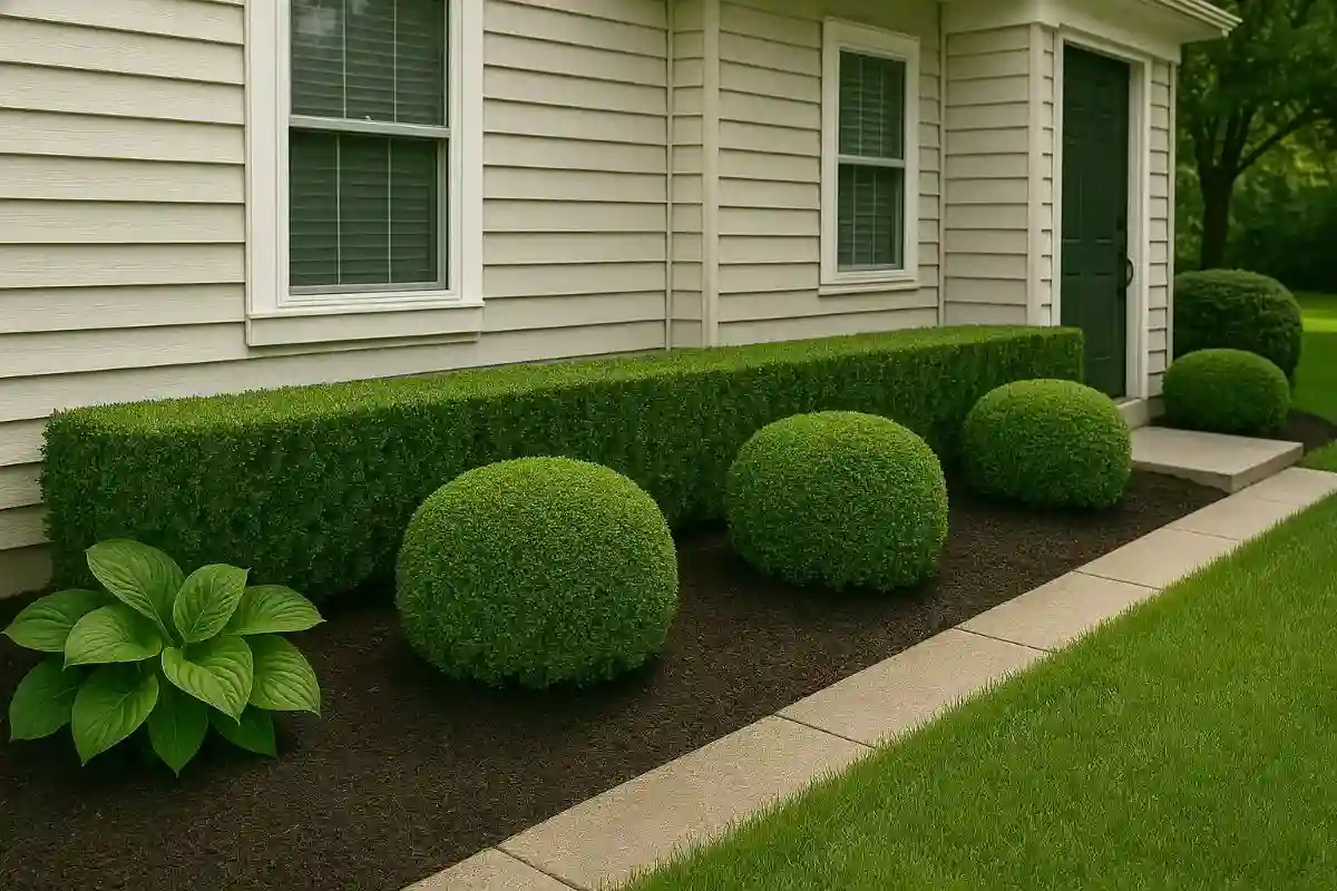 Perfectly trimmed shrubs and weed-free planting beds at a South Jersey residential home.